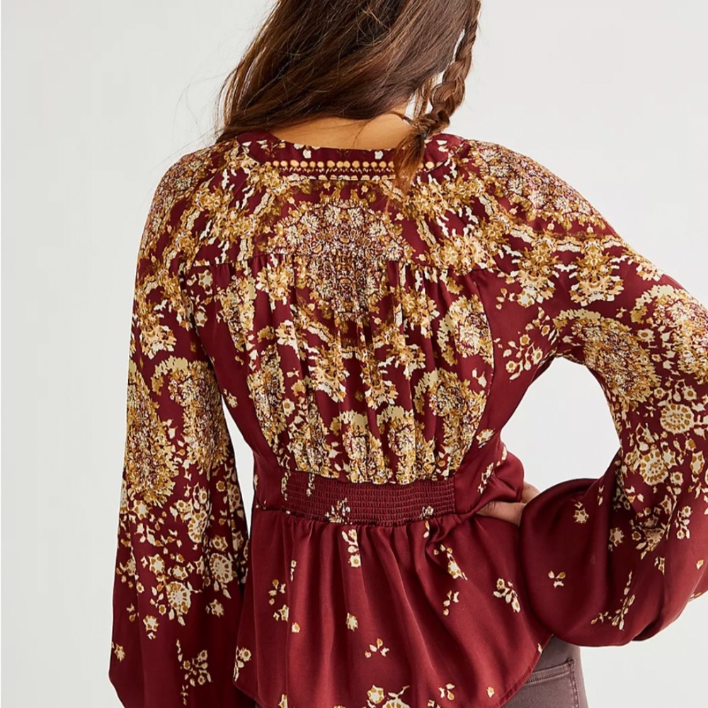 Free People Run Free Silky Long Sleeve Front Tie Deep V Lightweight Boho Blouse - Picture 2 of 16